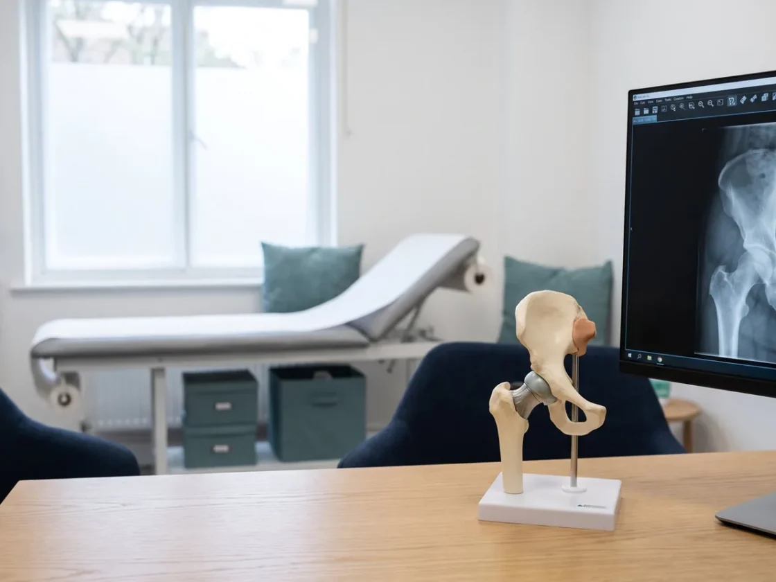 Consulting room with a hip X-ray on screen and a model of the hip joint