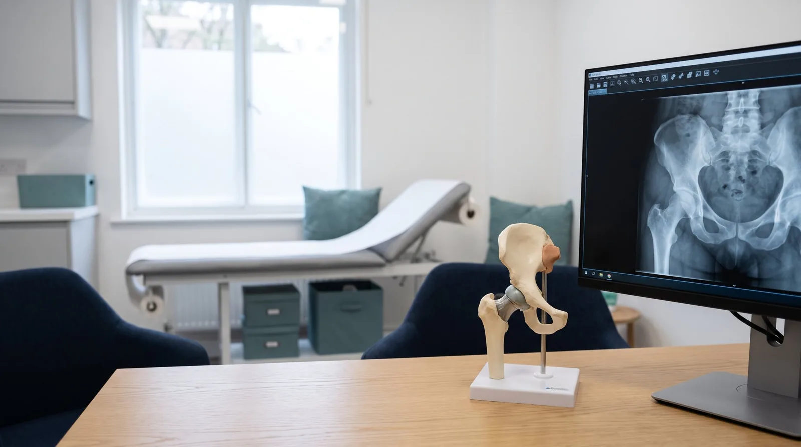 Consulting room with a hip X-ray on screen and a model of the hip joint