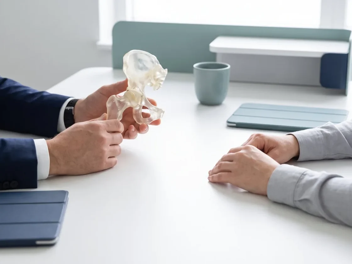 A surgeon explaining a hip model to a patient across a desk