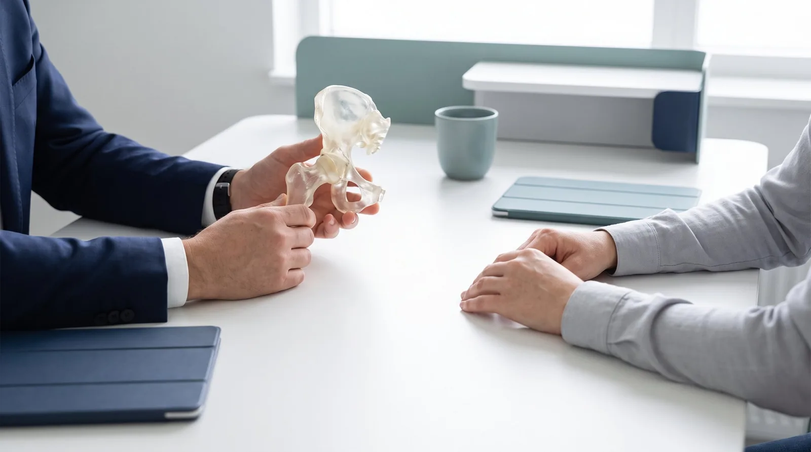 A surgeon explaining a hip model to a patient across a desk