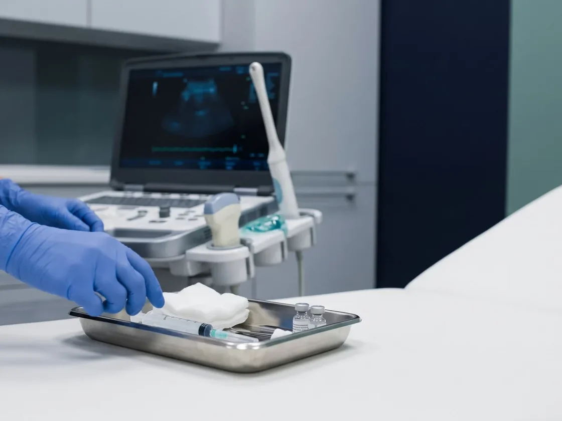 An ultrasound machine and injection tray being prepared