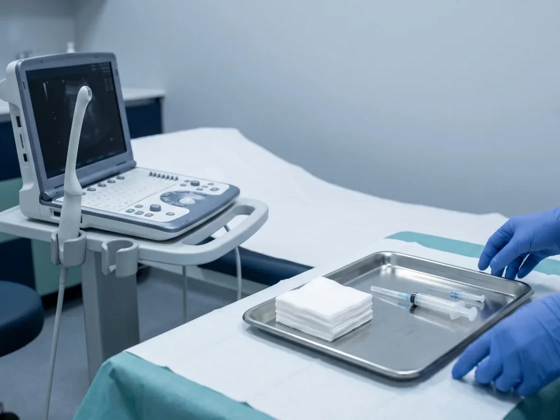 A clinician preparing equipment for an image-guided injection
