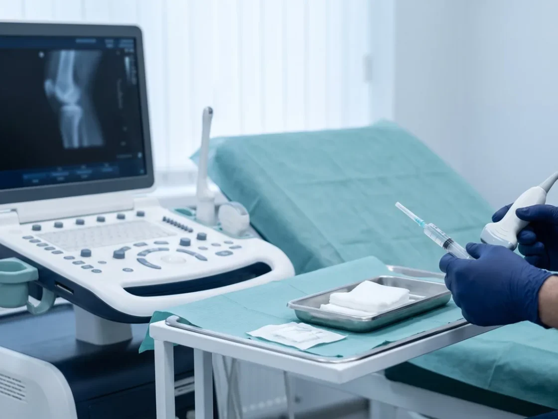 Ultrasound equipment set up for a joint injection