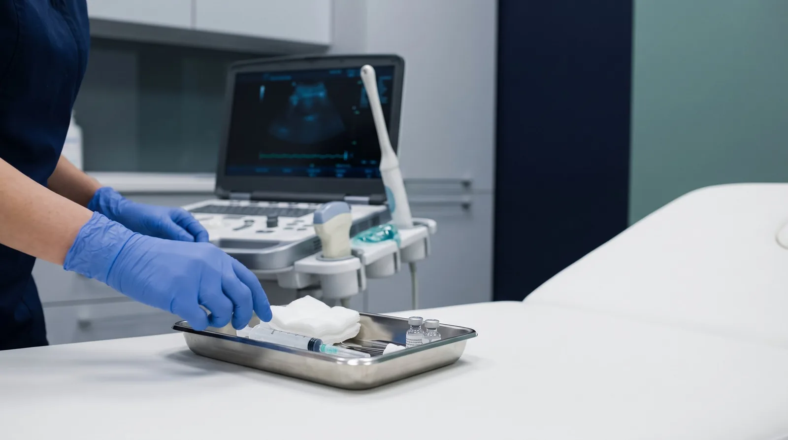 An ultrasound machine and injection tray being prepared