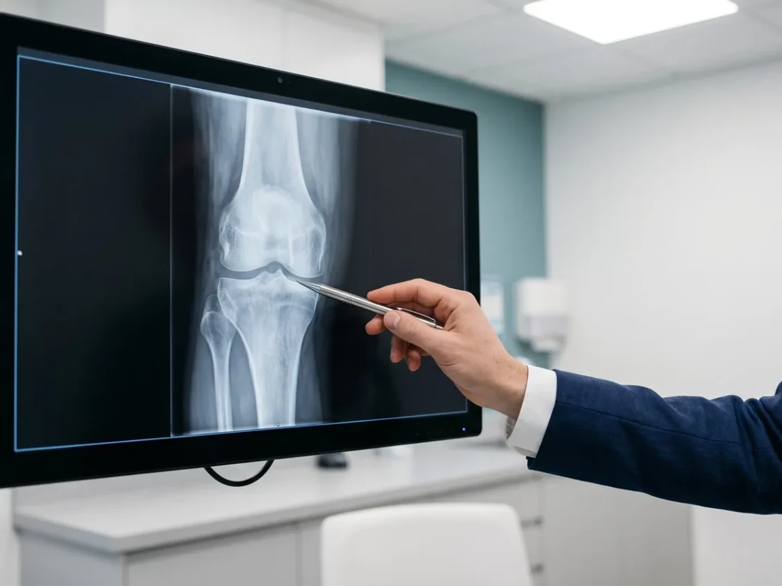 A surgeon pointing at a knee X-ray on a screen