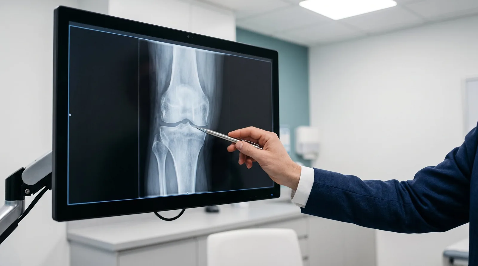 A surgeon pointing at a knee X-ray on a screen