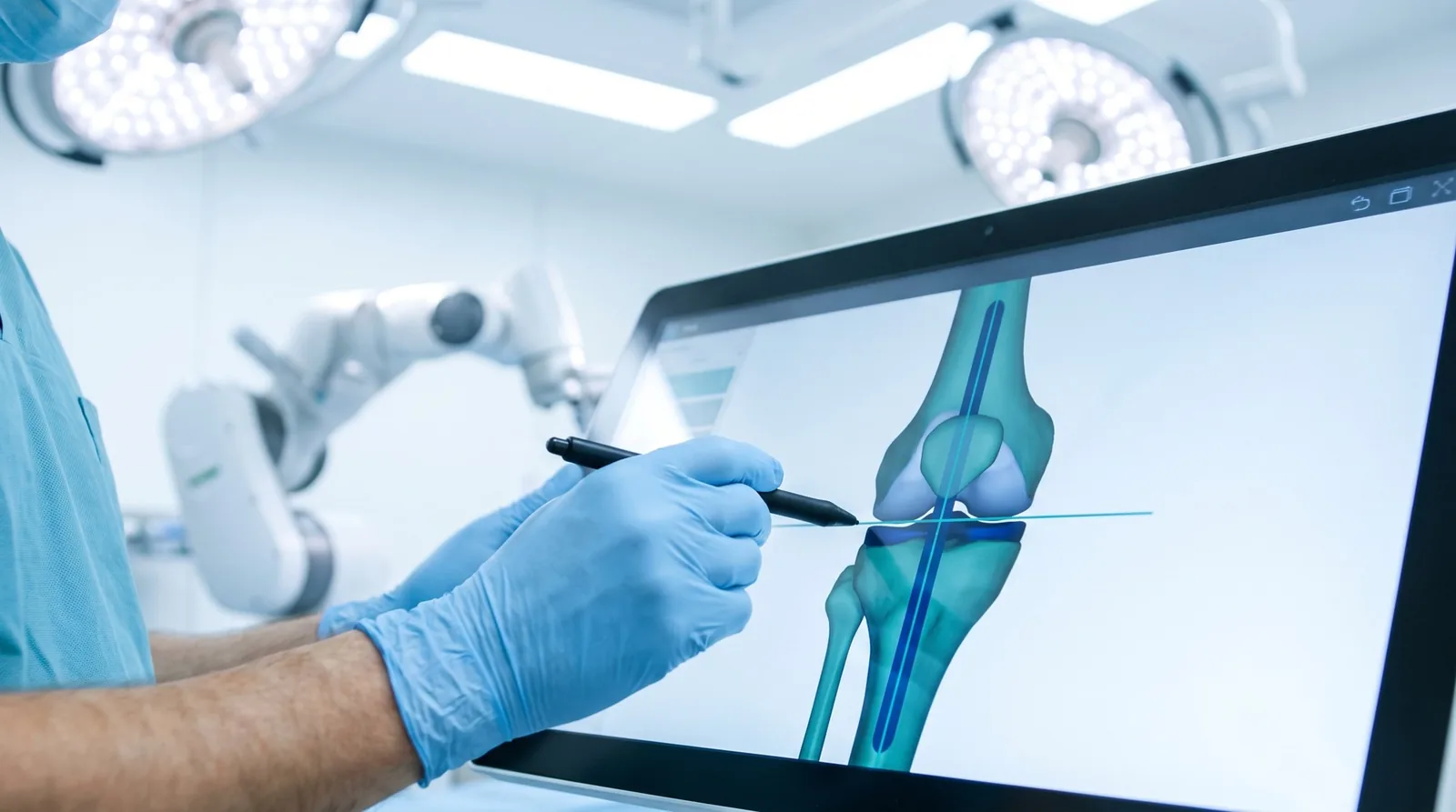 A surgeon reviewing a digital plan of a knee replacement