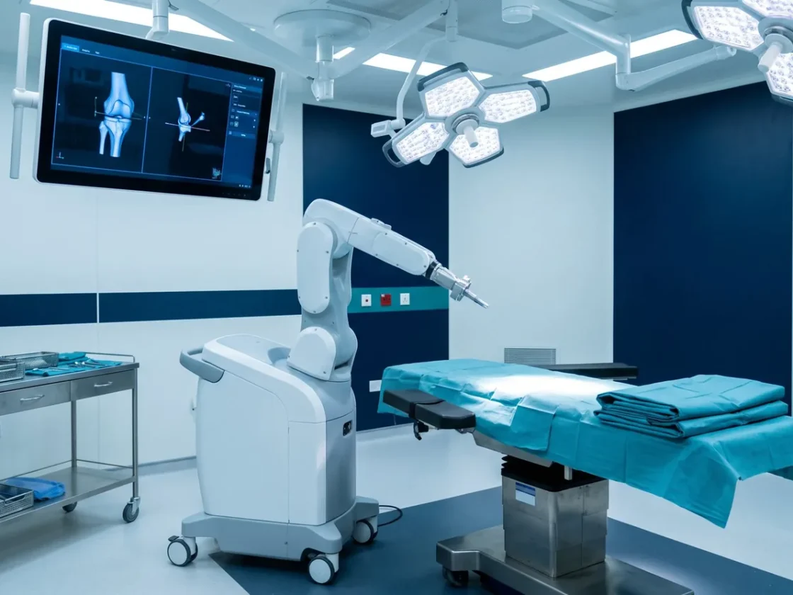An operating theatre with a robotic arm beside the operating table