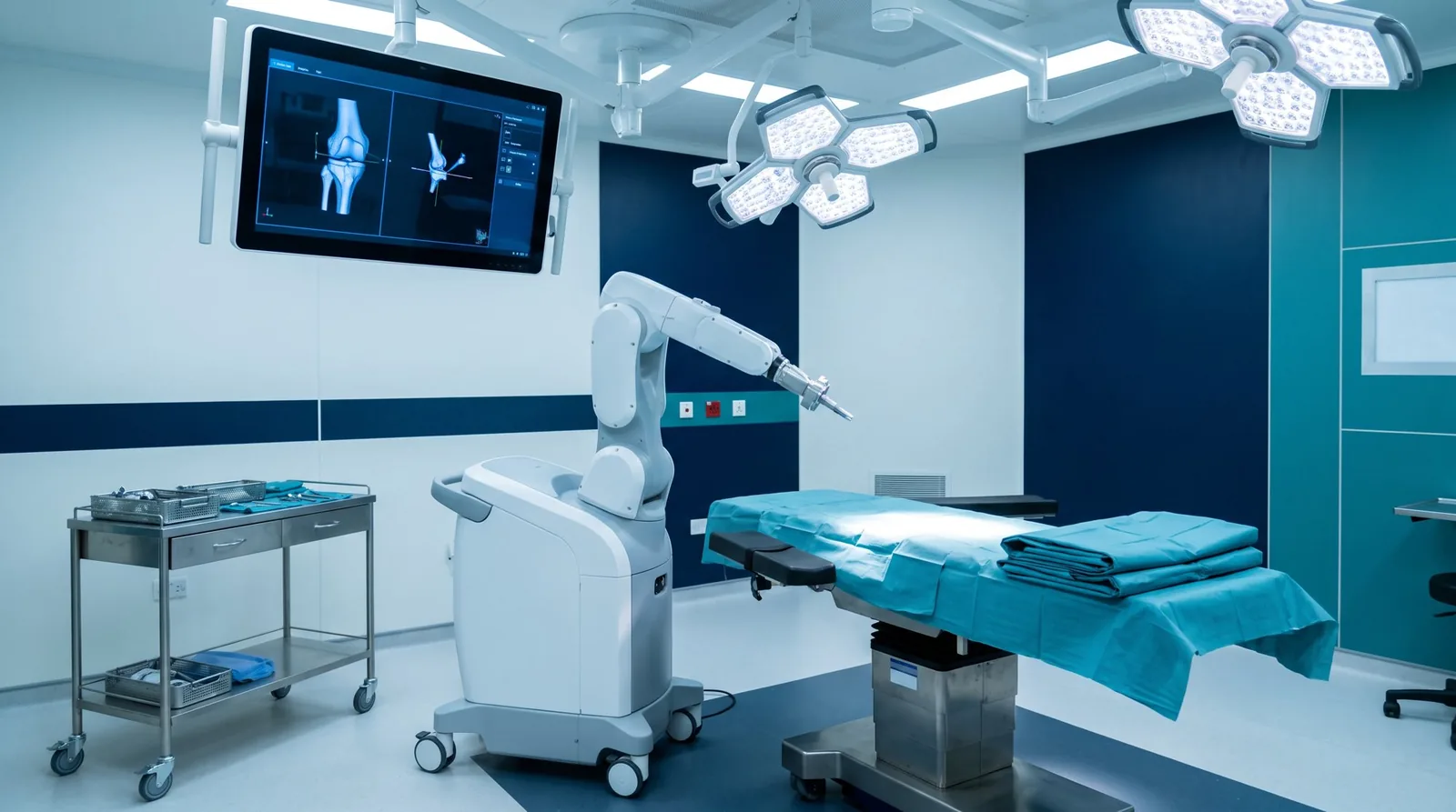 An operating theatre with a robotic arm beside the operating table