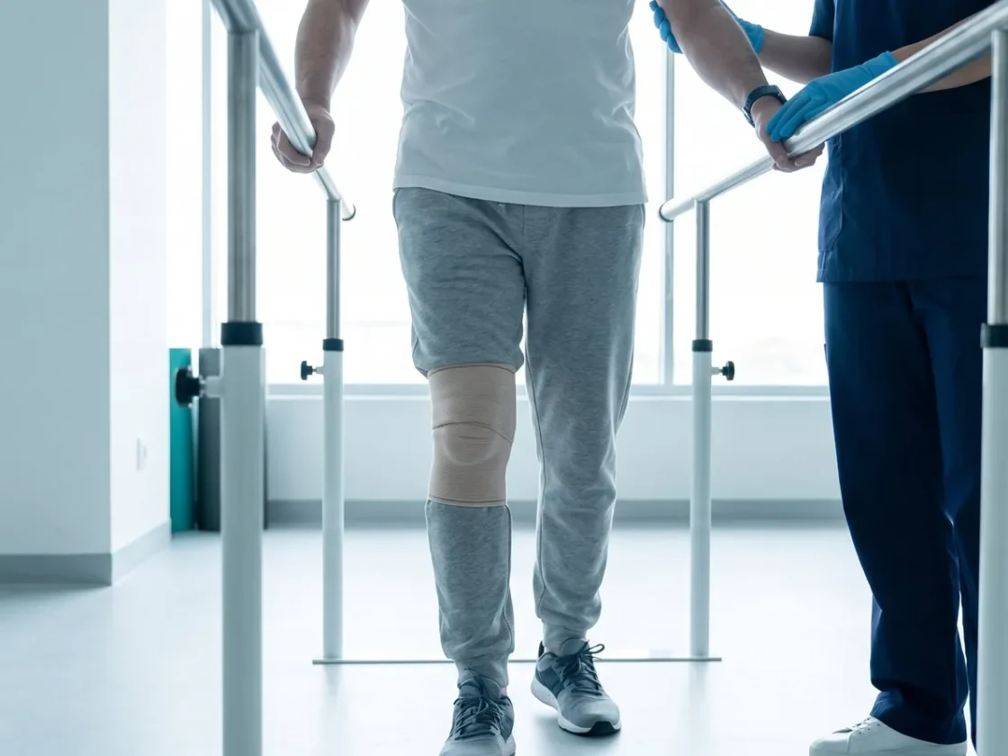 A patient walking between parallel bars with a physiotherapist