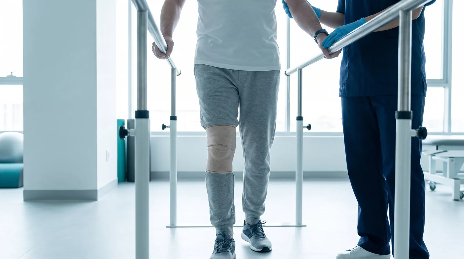 A patient walking between parallel bars with a physiotherapist